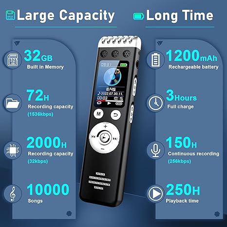 32GB Digital Voice Recorder, Voice Activated Recorder w/ 2000 Hrs Recording Capacity, Recording Device Audio Recorder with Playback for Class Meeting, Noise Reduction,Password,OTG Phone Connection