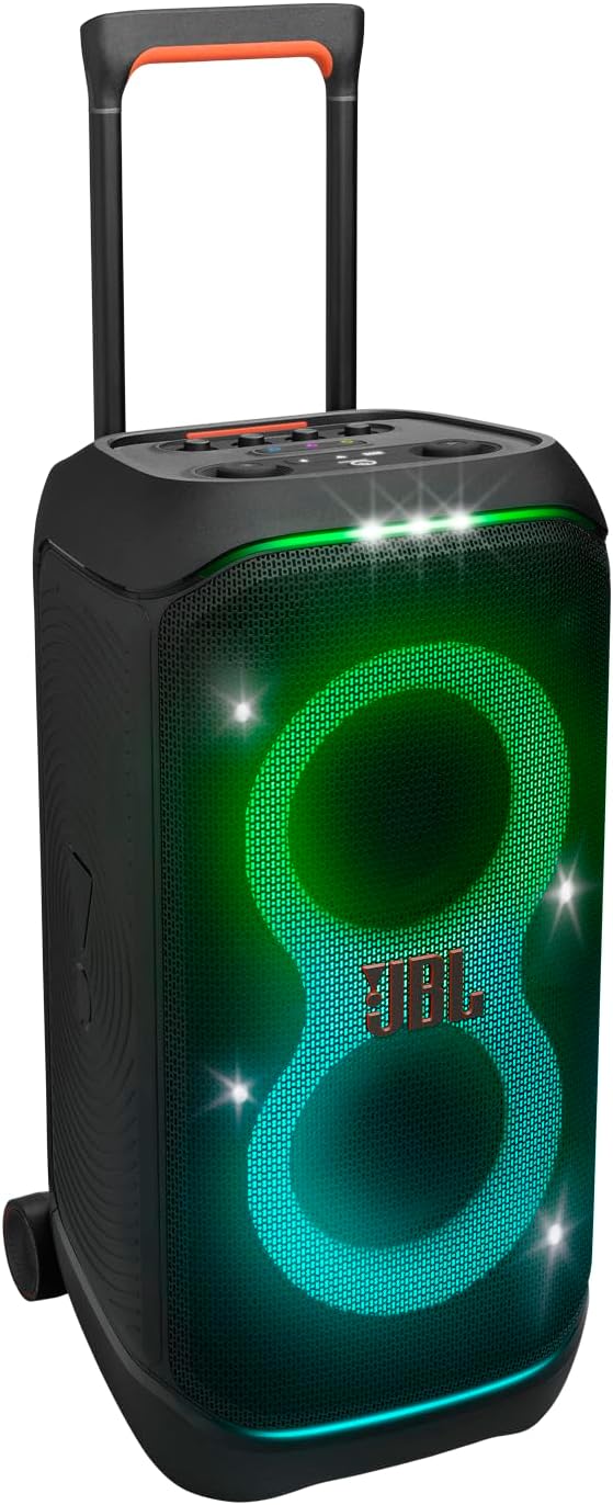 JBL PartyBox Stage 320 - Portable Party Speaker with Telescopic Handle & Wide, Sturdy Wheels, Powerful Pro Sound, Futuristic lightshow, Up to 18 Hours of Play time, Splash Proof (Black)