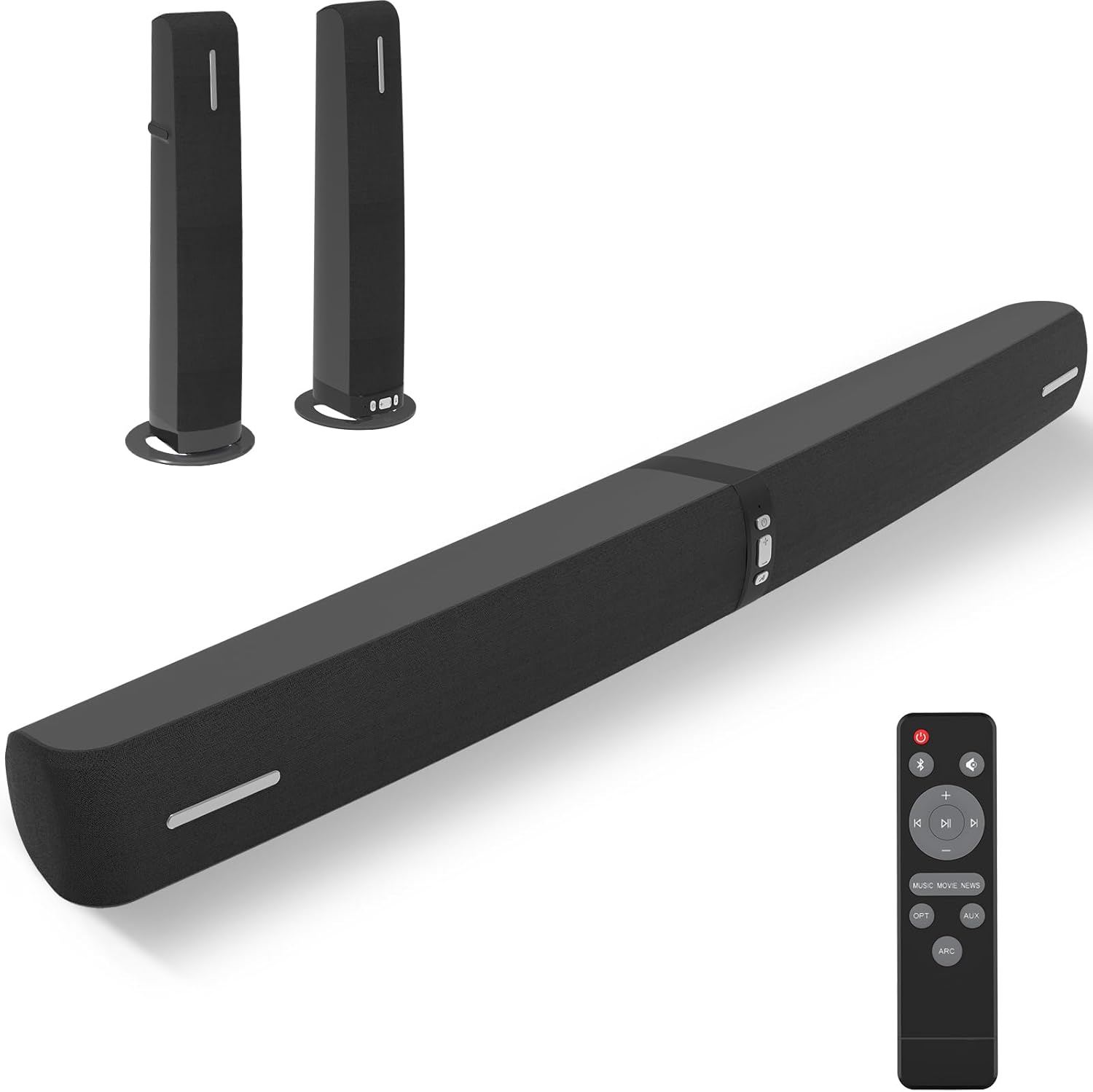 Sound Bar, 90W Sound Bar for Smart TV, Bluetooth 5.0 Soundbar with Wired & Wireless Connect, Auto Volume Boost, ARC/Optical/AUX Cables & Remote, 2 in 1 Detachable Soundbar for TV