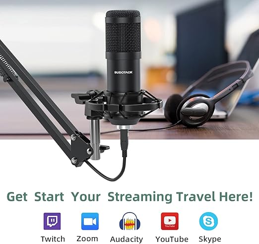 Sudotack USB Streaming Podcast PC Microphone, 192KHz/24Bit Studio Cardioid Condenser Mic Kit with Sound Card, Boom Arm, Shock Mount, Pop Filter, for Skype, YouTuber, Karaoke, Gaming, Recording