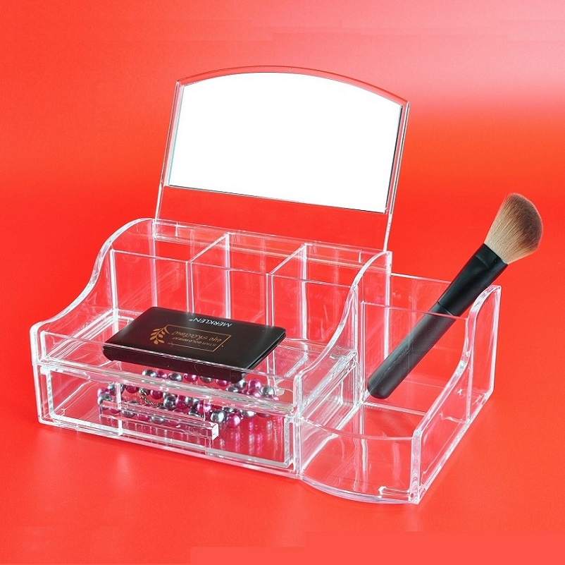 一层扁抽盘+镜子 Transparent Cosmetic Storage Tray Acrylic Vanity Makeup Organizer with Drawer & Mirror