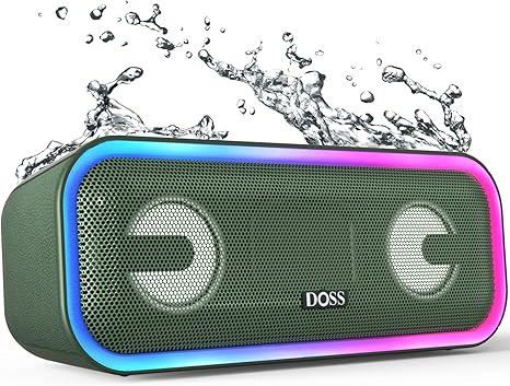 Speaker, DOSS SoundBox Pro+ Wireless Pairing Speaker with 24W Stereo Sound, Punchy Bass, IPX6 Waterproof, 15Hrs Playtime, Multi-Colors Lights, for Home,Outdoor-Black